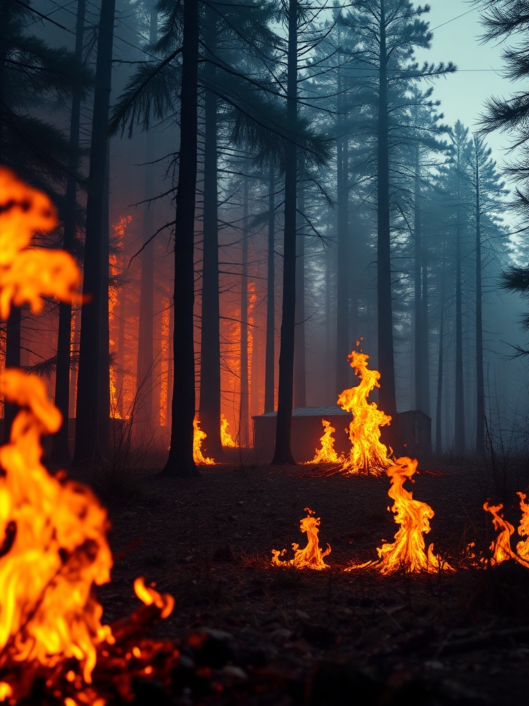 A forest fire in progress with tall pine trees engulfed in flames. The foreground shows vibrant flames, and a haze of smoke fills the background, creating an ominous atmosphere. Small structures are visible through the smoke, adding a sense of danger and urgency.