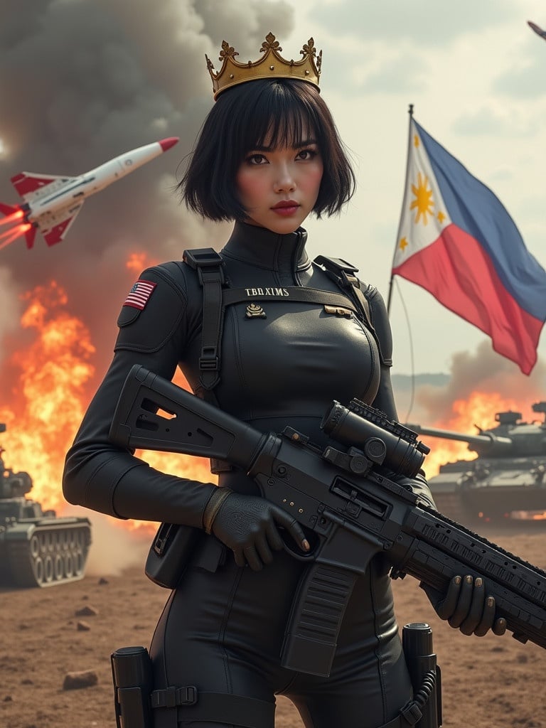 A battlefield filled with missiles tanks and aircraft. Fiery explosions smoke fills the background. The Korean and Philippine flags wave. A fierce woman with short black hair in a crown wears a black soldier outfit. She holds a large gun fiercely. A badge in the front reads '1BK TYNTYN'.