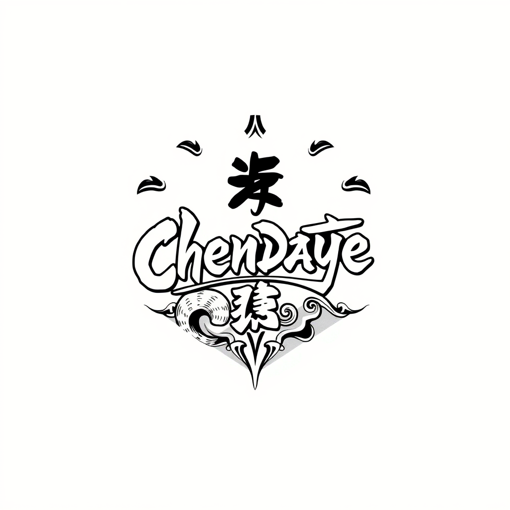 A creative black and white logo featuring stylized text and artistic elements with Asian-inspired typography.