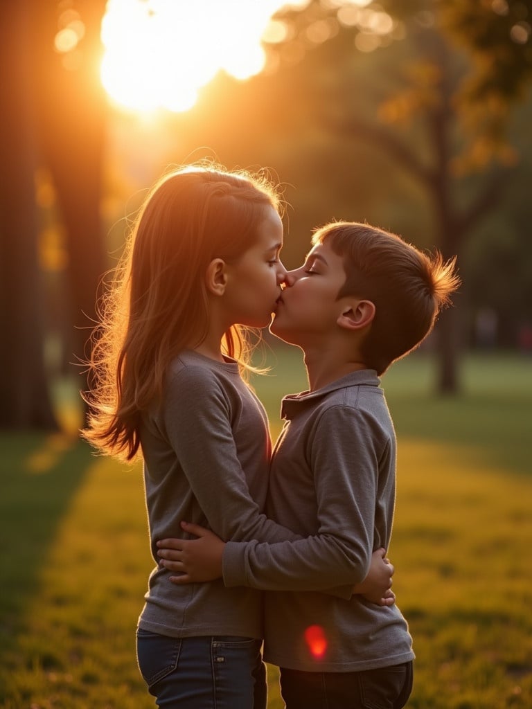 A girl and boy kiss in a park during sunset. They wear matching grey tops. The background is filled with gentle sunlight. The scene evokes warmth and love.