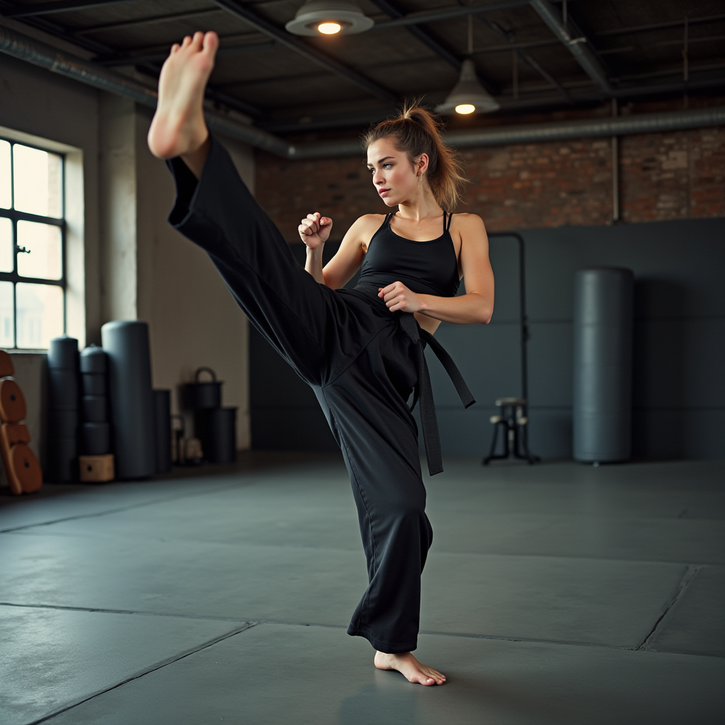 A woman performs a high kick in a martial arts gym, showing strength and concentration.