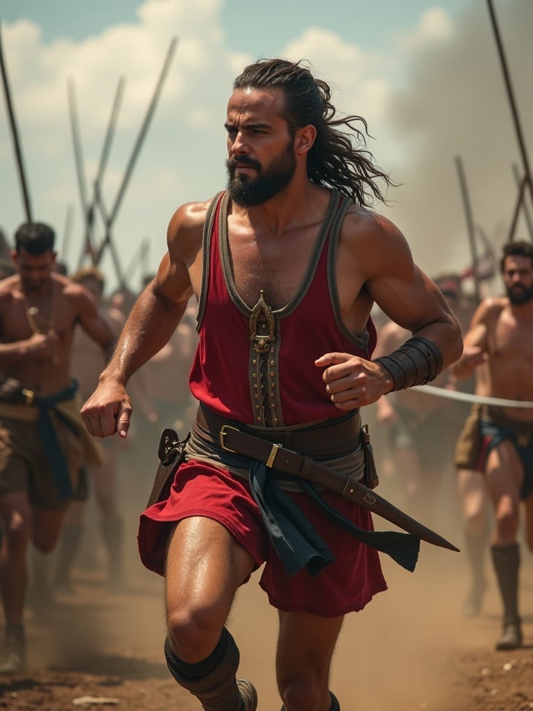 A colonial rebel soldier runs into battle wearing a wrestling singlet. He is in a dynamic pose amidst a chaotic scene with other soldiers. The setting has dust and a sense of urgency. The focus is on the soldier's athletic build and fierce determination.