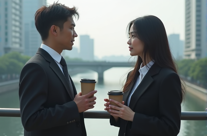 A man and a woman in business attire stand on a bridge, holding coffee cups and facing each other against a backdrop of an urban river and buildings.