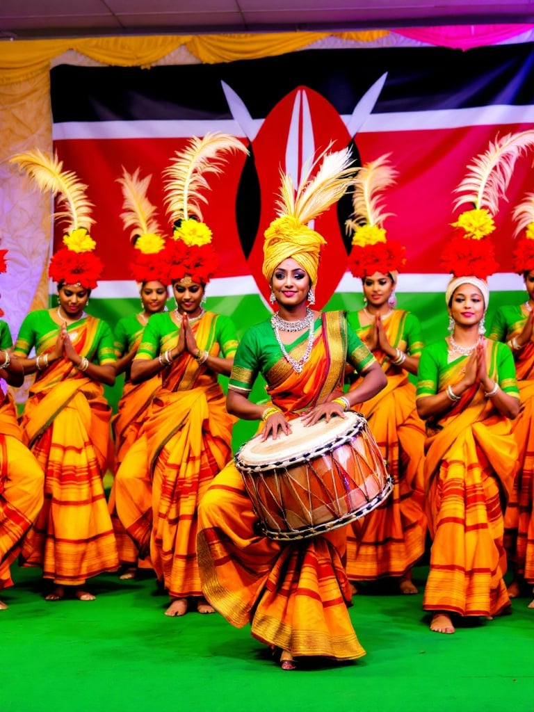 A vibrant photograph showcases traditional Indian dance performers on stage. Eight women form a synchronized group. Dominating warm yellow, orange, red, and black colors create an energetic atmosphere. Their costumes have bright orange-yellow skirts and green blouses. They wear elaborate headdresses with flowers and feathers. Some hold traditional drums while others make rhythmic sounds. The stage has a deep green carpet. A mural of the Kenyan flag decorates the background. The lighting is colorful, enhancing dynamic movements. The slight elevation captures their cultural heritage.