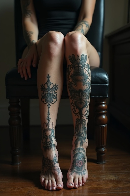 Tattooed soles of a mature goth woman's bare feet shown. She sits on a chair with feet on the table. Feet appear soaked. Tattoos displayed prominently.