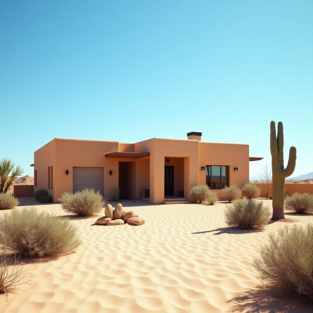 Southwestern style desert home under blue sky. Sand and desert shrubs surround the house.