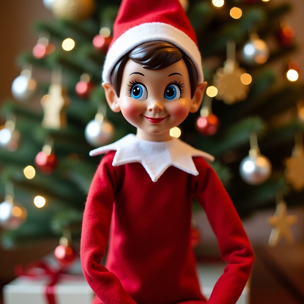 A Christmas elf in a red sweater and Santa hat. Seated among decorations. Bright smile reflects festive cheer. Beautiful holiday-themed background with Christmas tree. Evokes joy and warmth of the season.