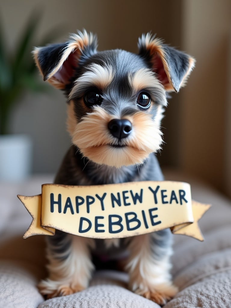 Miniature schnauzer dog holds a banner. The banner says happy new year debbie. The dog presents a cute and enthusiastic expression.