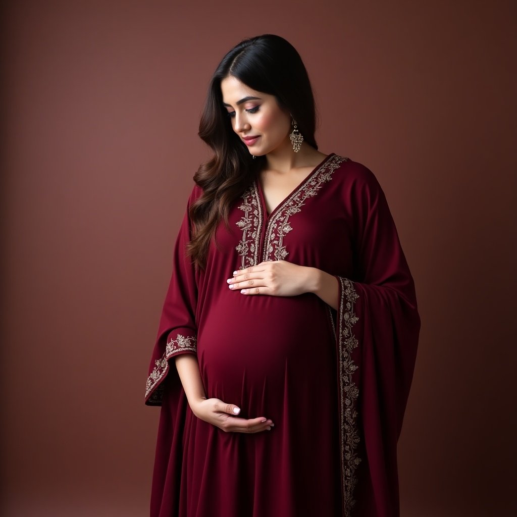 Pregnant girl in traditional Pakistani attire wearing burgundy color. The girl is posing while cradling her belly. The outfit features unique embroidery on the sleeves and neckline. Soft lighting highlights the fabric's texture and the woman's graceful pose.