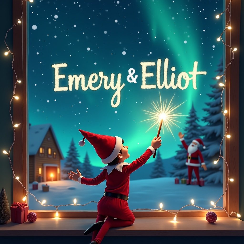 Enchanting scene with an elf on the shelf using a magical wand. The elf writes 'Emery & Elliot' in the shimmering sky. Northern Lights illuminate the night sky. Santa Claus waves in the background. Twinkling string lights surround the elf. The image captures the joy of Christmas, suitable for families and children.