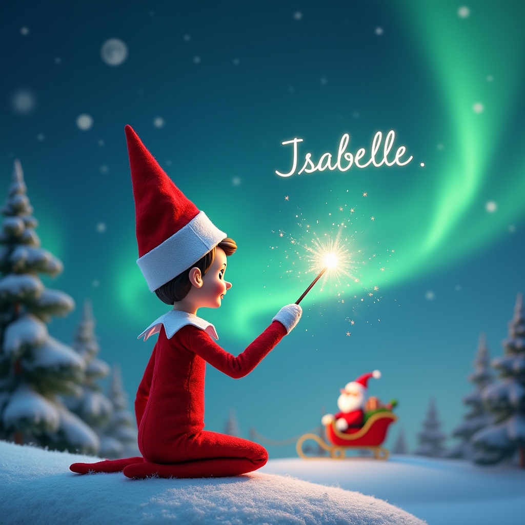 The scene depicts an elf on the shelf sitting on a snowy landscape. The elf is facing upward, with a wand in hand, magically writing the name 'Isabelle' into the sky. Behind her, the majestic northern lights dance across a starry sky. In the distant background, Santa Claus can be seen riding in his sleigh. The entire illustration conveys a sense of holiday wonder and magic. The colors are vibrant and festive, capturing the essence of Christmas.