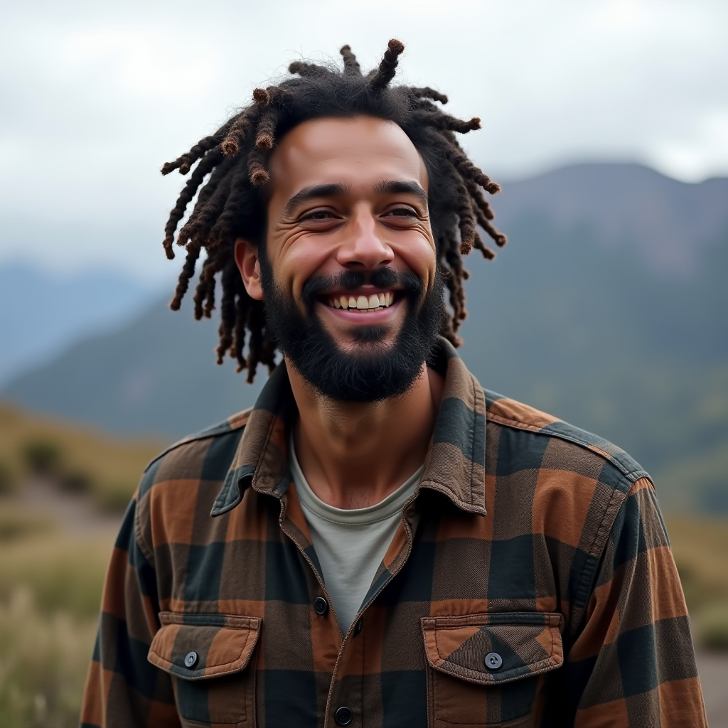 A smiling man with dreadlocks wearing a plaid shirt stands in a scenic mountainous area.