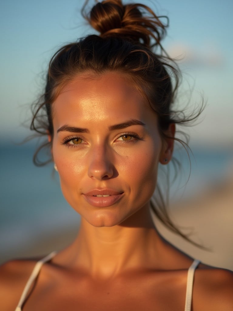 Image features a woman with a sun-kissed complexion. Hair is styled in a messy top knot. Natural beauty is highlighted by soft ambient lighting. Background is serene and blurred.