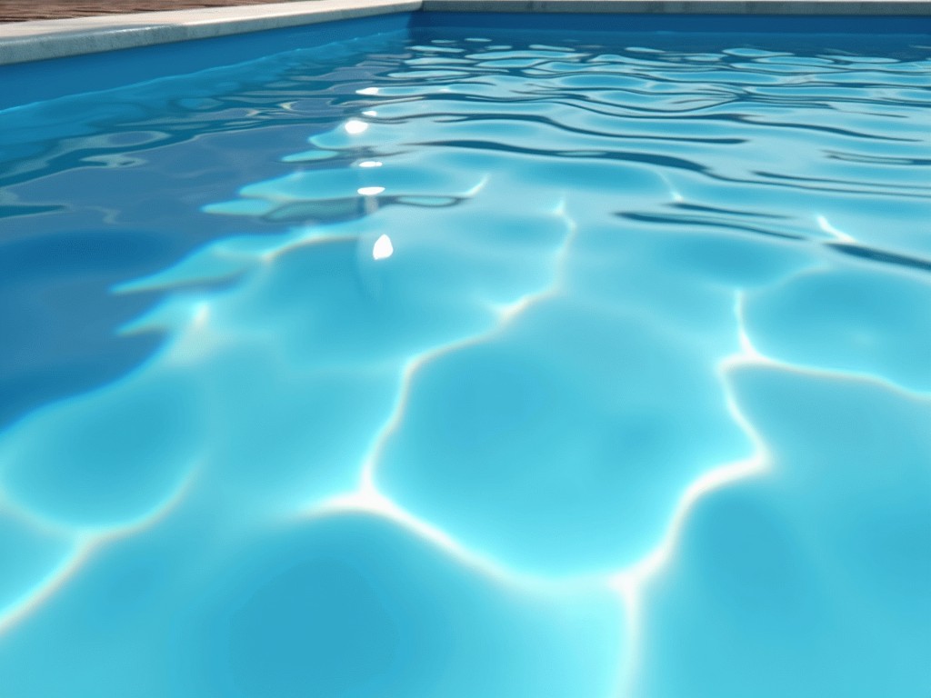 The image captures a tranquil swimming pool with sunlight reflecting off its surface, creating mesmerizing patterns. The gentle ripples in the crystal-clear blue water add a soothing dynamic to the scene, evoking a sense of calm and relaxation.