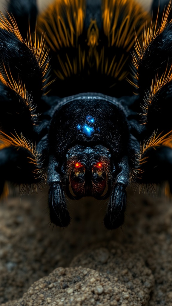 A close-up of a spider with glowing features and vibrant orange hairs on a sandy surface.