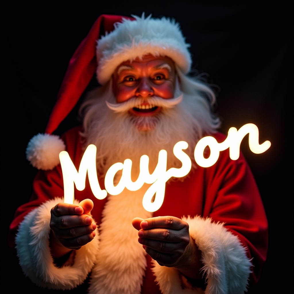 This image features Santa Claus wearing his traditional red and white suit. He is holding a glow stick that forms the name 'Mayson' in bright light. Santa's expression is jolly, exuding warmth and holiday cheer. The background is dark, enhancing the glow of the text. This festive scene captures the magic of Christmas and the joy of the season.