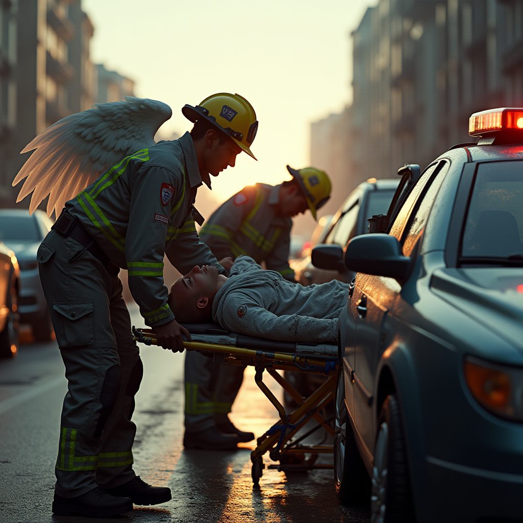 A firefighter with angel wings helps a person on a stretcher during a street rescue scene at sunset.