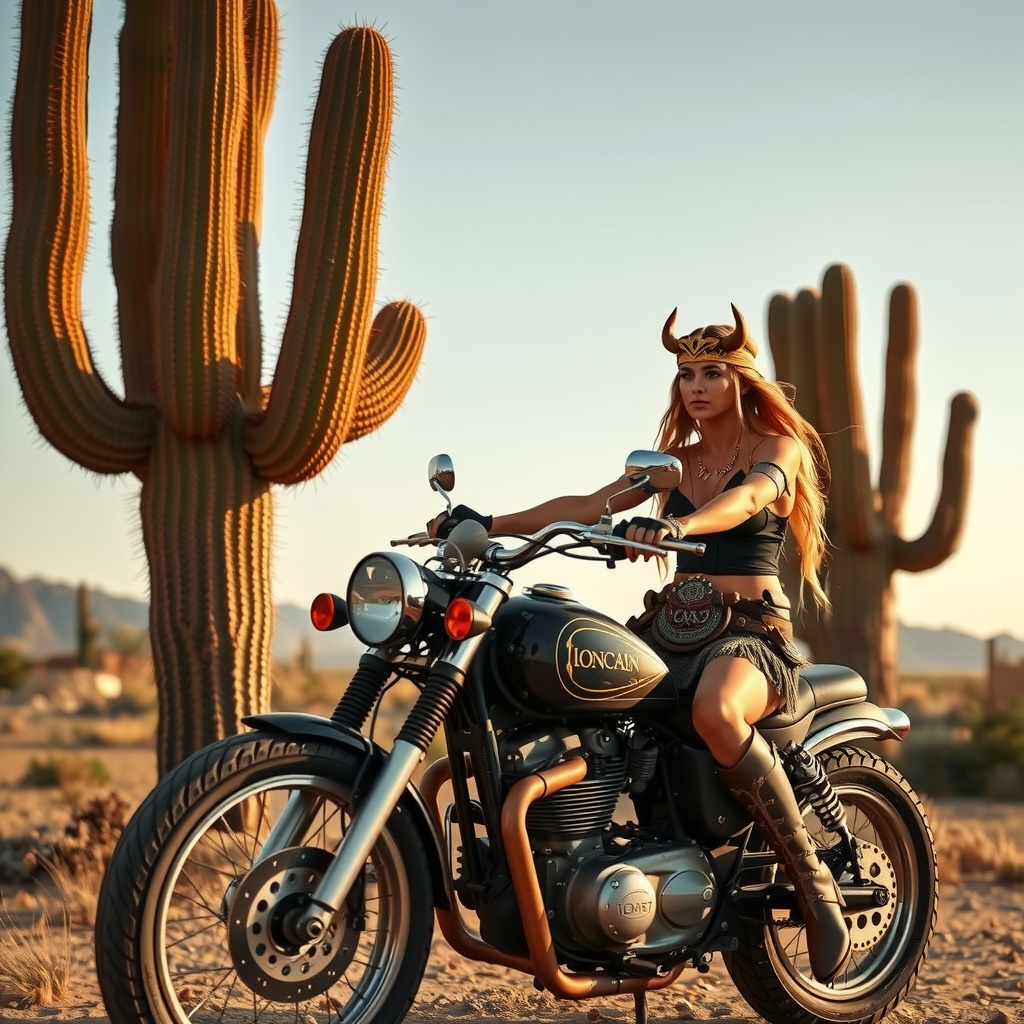 In a striking desert landscape, a woman with flowing hair and a Viking-style horned headdress confidently rides a classic motorcycle. The imposing saguaro cacti frame the image, symbolizing strength and resilience. Golden hour lighting enhances the warm tones of the scene, adding to the sense of adventure and freedom.