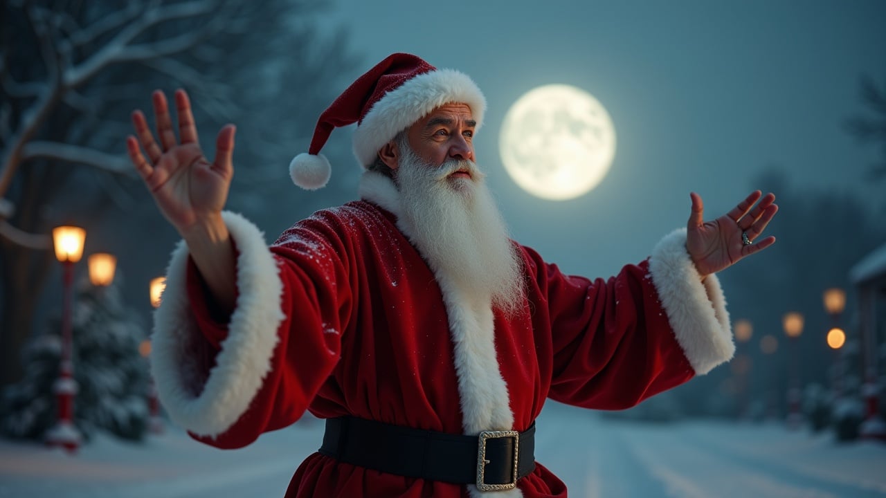 Cinematic image features Santa Claus performing Tai Chi Chuan movements under a bright moon during the magic hour. Hyperealistic style, captured on Arriflex.