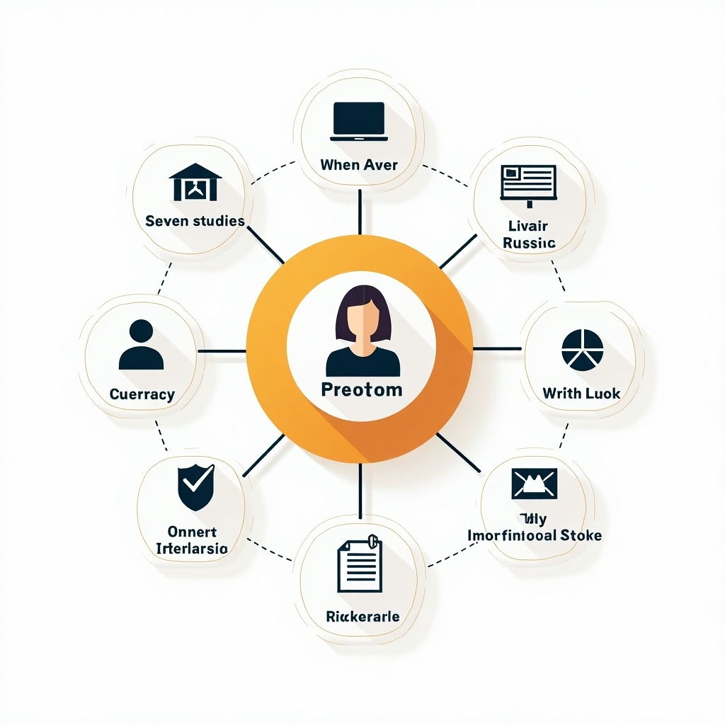 This infographic illustrates the digital identity map of a 38-year-old woman of Armenian heritage who has lived in Russia and the United States. It showcases various platforms and studies related to her life. The central node features 'Preotom', representing her digital persona. Surrounding nodes include references to her international studies and diverse platforms. The design uses a bright color palette, emphasizing connectivity and modernity. It serves as a visual representation of her unique background and digital footprint.