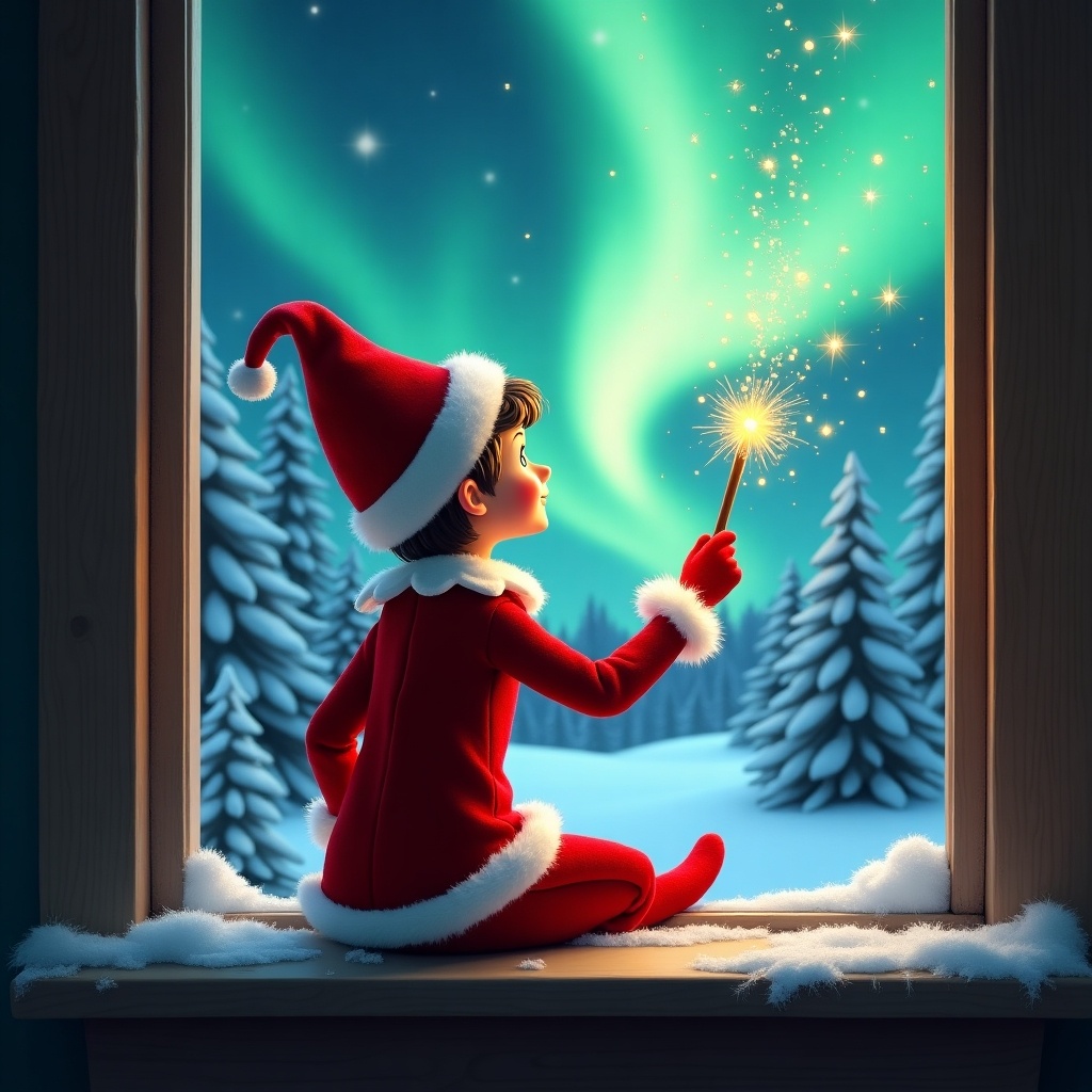 The image features an elf sitting on a window ledge. The elf turns back to the viewer. The elf uses a magical wand to create sparks. The elf looks up at northern lights. The background shows a winter wonderland. The scene includes snow-covered pine trees. The elf wears a vibrant red outfit with white trim. The atmosphere is festive and magical.