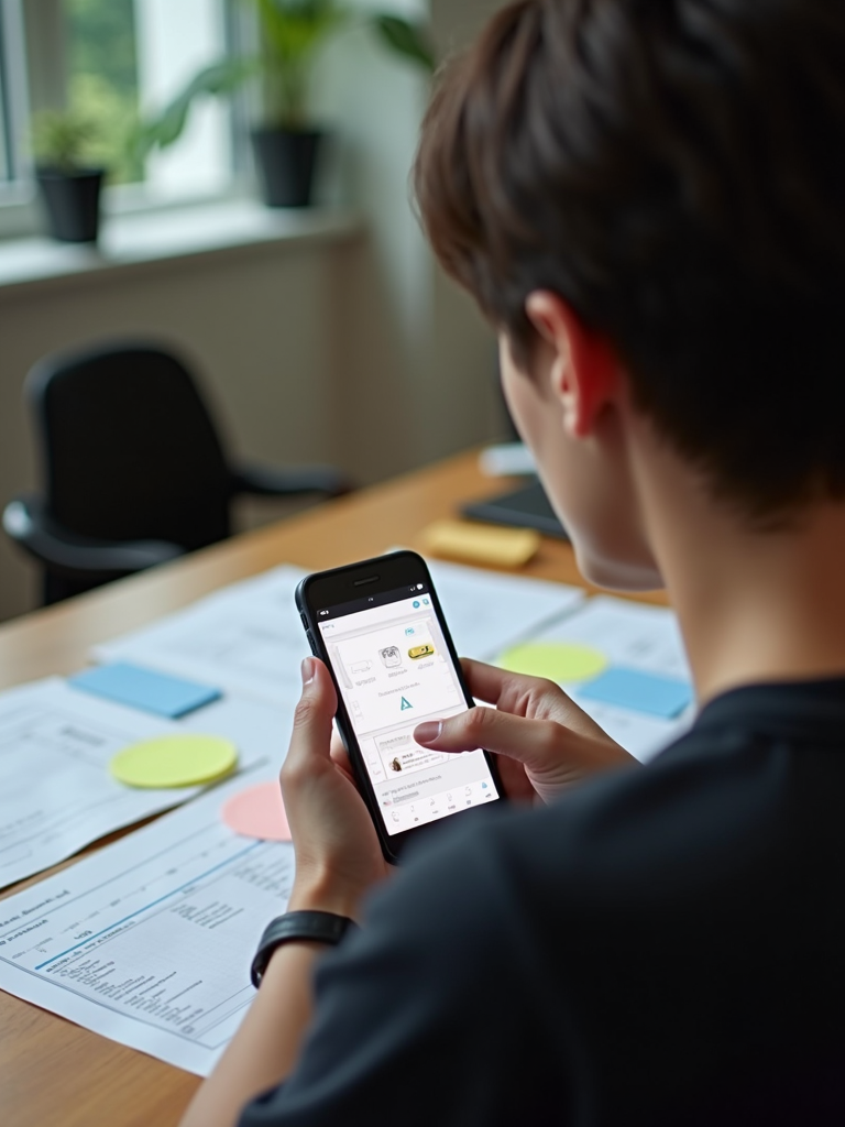 A person using a smartphone in an office setting with documents and sticky notes spread on the table.