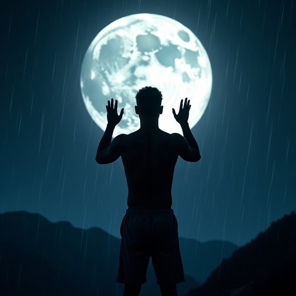 Silhouette of a man in shorts raising hands facing the moon in a rainy night with mountains in the background.