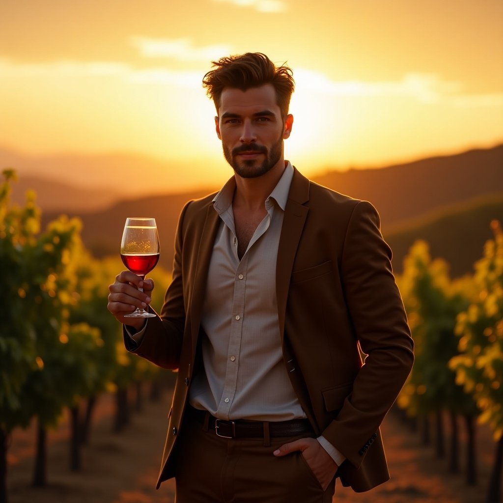 Young man in a vineyard at sunset holding a glass of wine. Dressed in elegant attire. Natural landscape background with grapevines. Warm, inviting atmosphere.