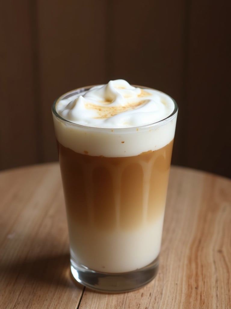 Hot coffee with foam milk on top in a clear glass on a wooden table