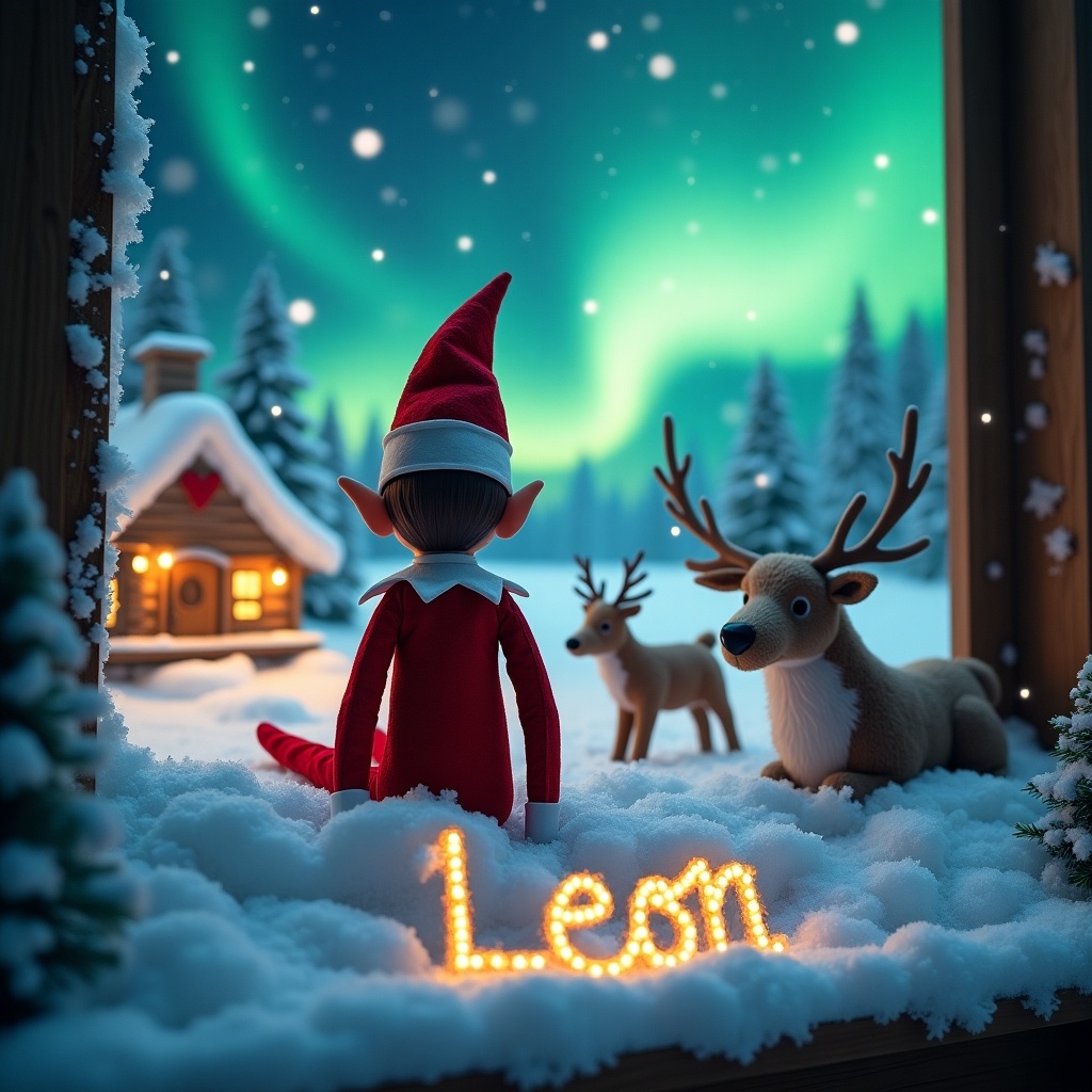 An enchanting Christmas scene featuring an elf on the shelf sitting in the snow. The northern lights shine vibrantly in the night sky above. Two reindeer are positioned nearby, adding to the festive atmosphere. In the foreground, the name 'Leon' is beautifully written in the snow. A cozy Santa's cottage is visible in the background, illuminated warmly. This magical imagery captures the essence of the holiday season and evokes feelings of joy and wonder.