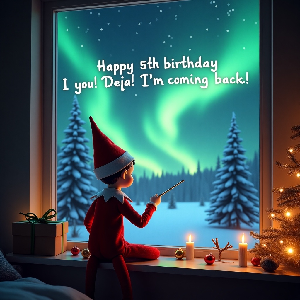 The image shows a magical Christmas scene with an elf on the shelf. The elf, wearing a classic red and white outfit, is sitting on a windowsill, gazing out at a winter wonderland. He uses a wand to write a birthday message in the sky. Outside the window, the Northern Lights color the sky with vibrant hues of green and blue, illuminating the snow-covered trees. The room is decorated for Christmas with candles and gifts, creating a warm and festive atmosphere. It conveys a sense of magic and wonder.