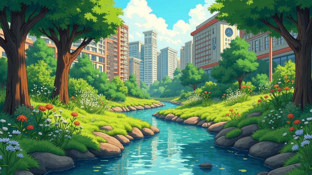 A vibrant mini-forest occupies a modern city. Tall trees and wildflowers create a serene atmosphere. A clear stream winds through moss-covered banks. City buildings integrate nature with rooftop gardens and solar panels. Sunlight filters through trees casting soft shadows. The scene reflects harmony between urban life and nature.