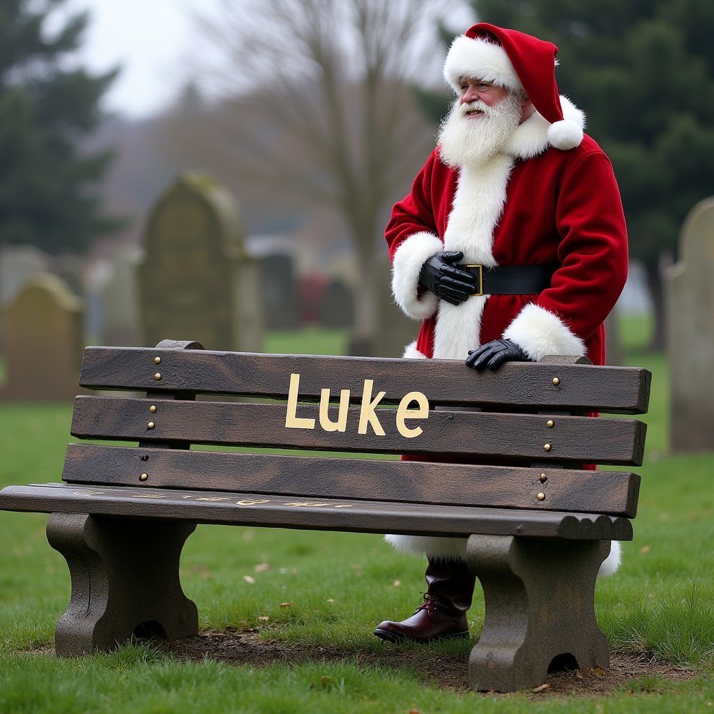 Santa Claus wearing red coat and hat stands next to a wooden bench. The bench is engraved with the name 'Luke'. Setting is a cemetery with gravestones in the background.