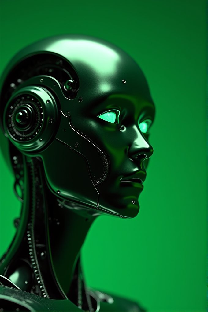 A sleek, futuristic humanoid robot with glowing green eyes against a green background.