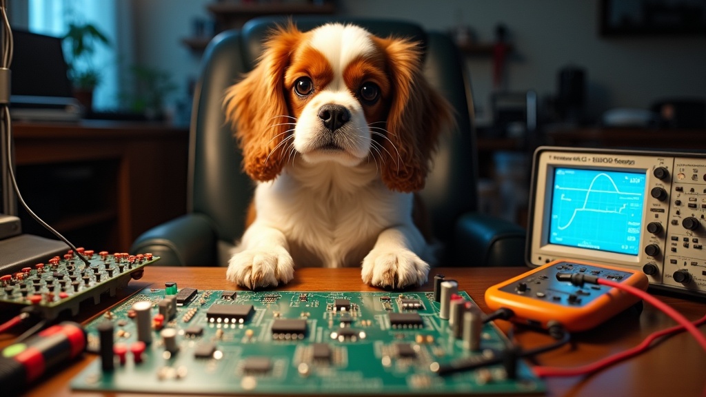 A fluffy Cavalier King Charles Spaniel is seated in a chair, engaging with a circuit board in front of it. Surrounding the dog are various electronic components like wires and circuit boards. Beside the dog, oscilloscopes and multimeters are visible with their screens displaying interesting signals. The atmosphere is warm and inviting due to the soft lighting that highlights the dog's playful and expressive features. This scene beautifully merges the world of technology with the charm of a pet's companionship, creating a whimsical and heartwarming image.