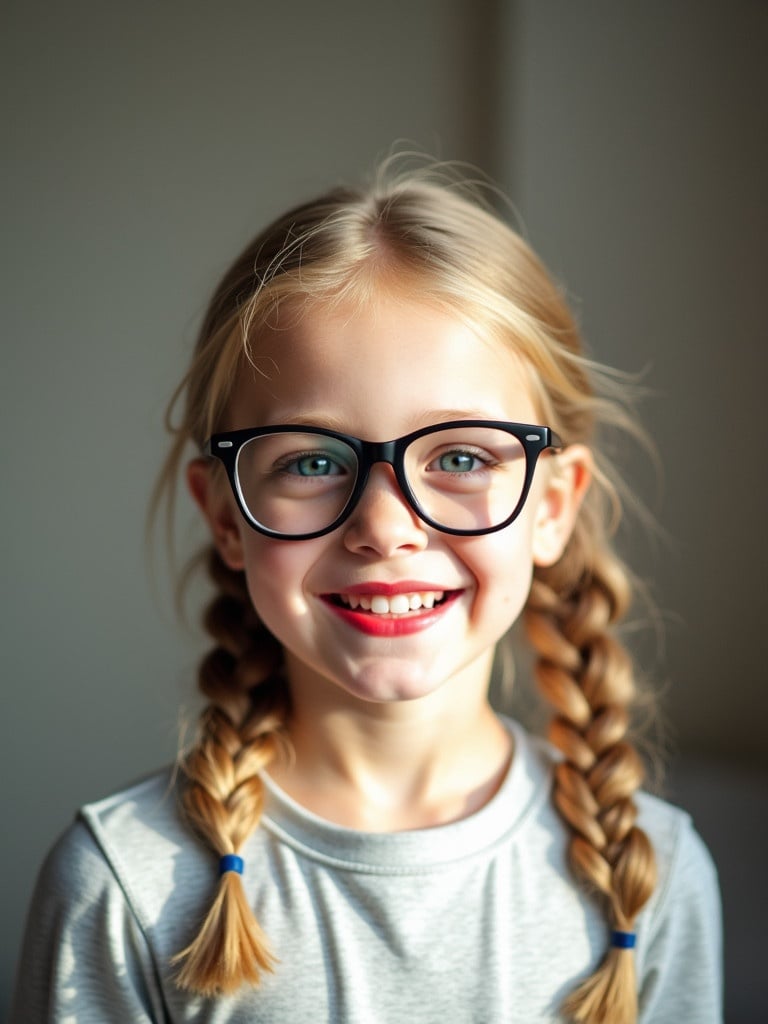 Image captures a young girl showcasing a playful spirit. She wears large glasses and has hair in pig tails. Background is subtle, emphasizes cheerful expression. Natural sunlight illuminates her face.