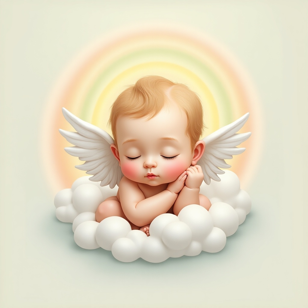 This image features a serene angelic baby boy named Luke, peacefully sleeping on fluffy clouds. He has adorable wings and a gentle expression, evoking feelings of innocence and tranquility. Surrounding him is a soft rainbow that adds a whimsical touch to the scene. The overall color palette consists of soft pastels, enhancing the peaceful vibe of the image. This illustration beautifully captures the essence of childhood and celestial beauty.