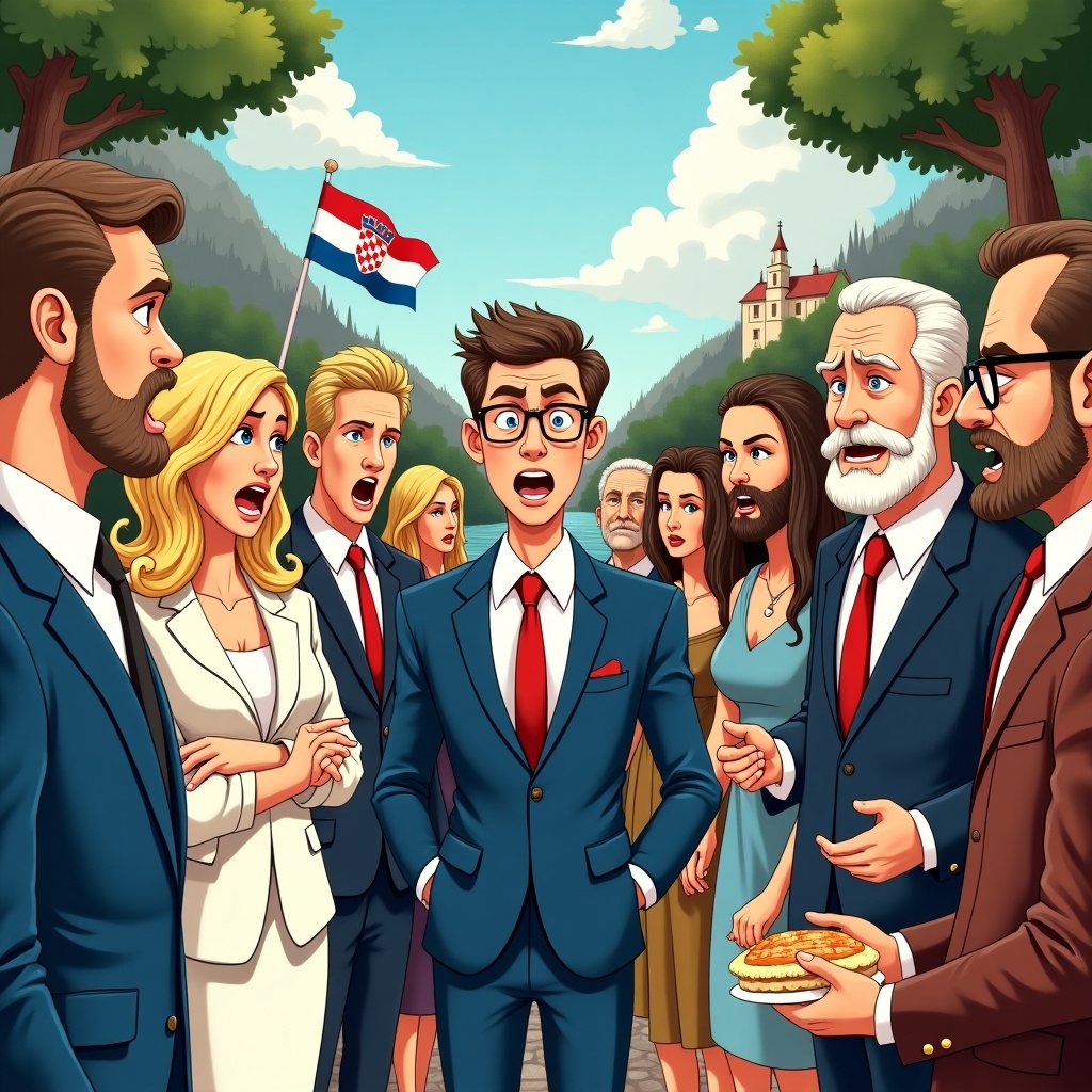 Vibrant illustration of chaotic family gathering. Young man in suit looks desperate. Two large animated families argue. Left side features loud man in blue suit and glasses with blonde woman in white suit. Rugged old gentleman and disapproving woman with pie nearby. Right side has agitated man with beard and elegantly dressed wife. Three distinct brothers and a wealthy father figure. Croatian symbols and landmarks in the background.