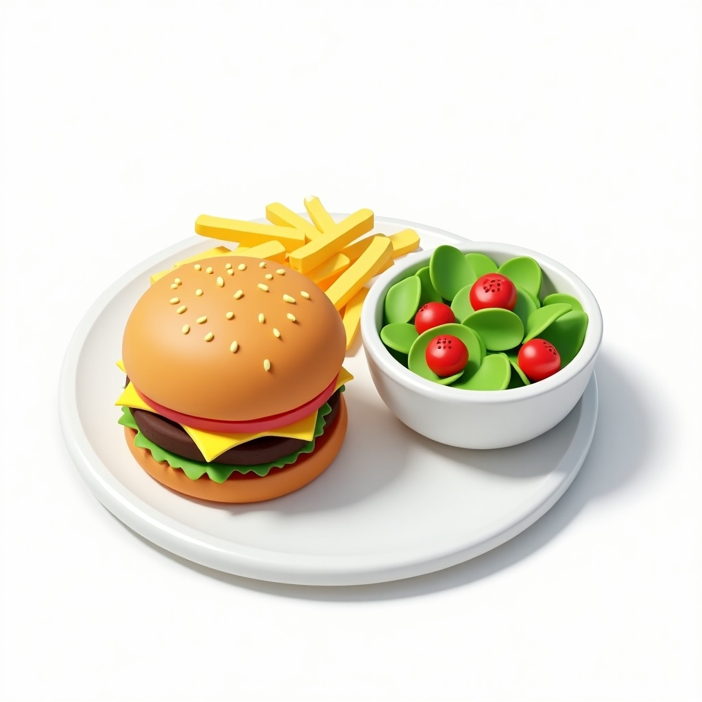 This image features a 3D icon of a delicious meal. It includes a hamburger with a sesame seed bun, fresh lettuce, a slice of cheese, and a juicy patty. Next to the burger are golden, crispy fries, perfectly arranged. A small bowl of salad with bright green leaves and red cherry tomatoes accompanies the meal. The entire presentation is on a white plate, creating an inviting look. The colors are vibrant and appealing, making it visually enticing for food lovers.