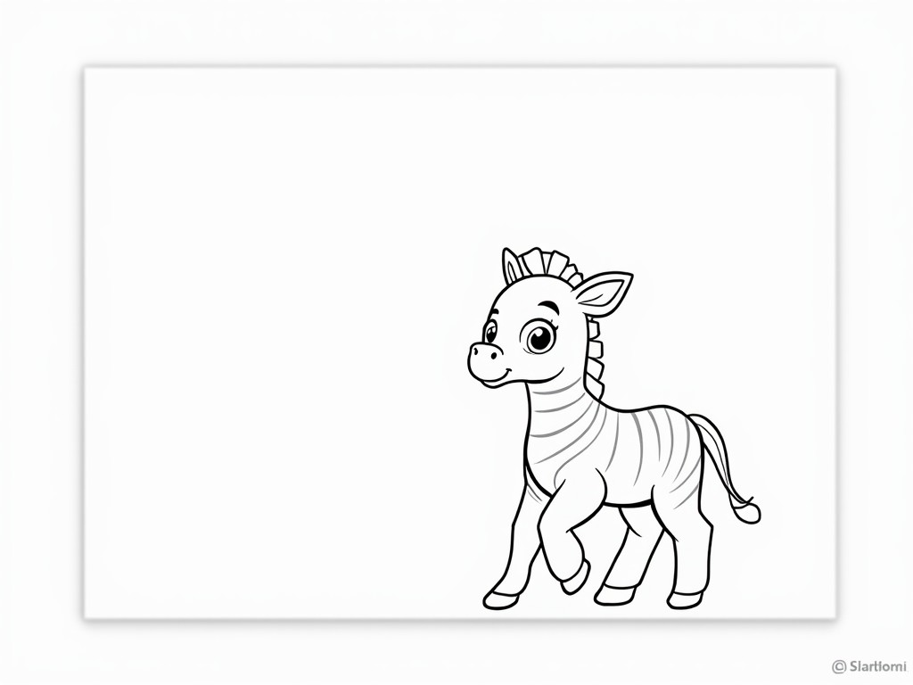 This image features a cartoon-style illustration of a cute baby zebra. The zebra is drawn in simple black lines against a plain white background, giving it a playful and endearing look. Its large, expressive eyes and slightly upturned mouth suggest a curious or friendly demeanor, making it appealing to children.