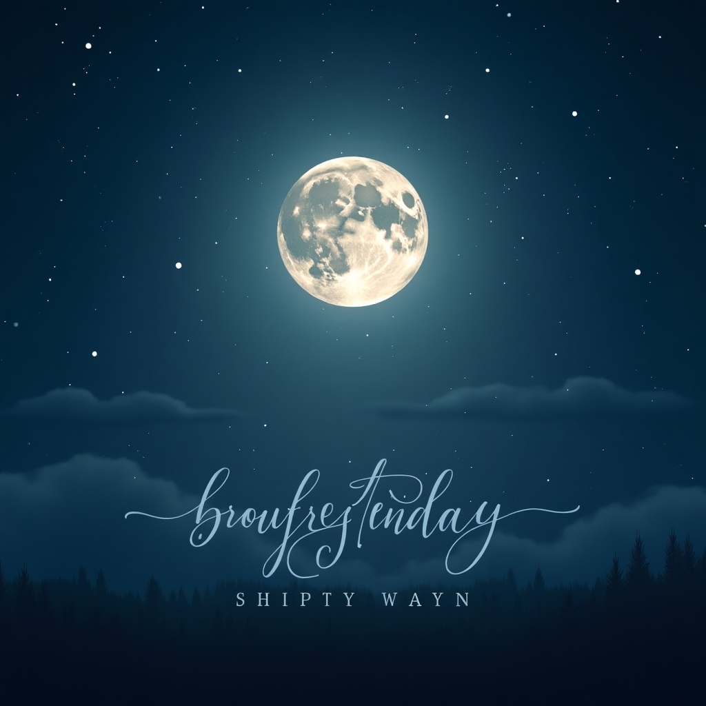 This image showcases a serene night scene, illuminated by a full moon prominently featured in the center. The moon casts a tranquil glow across the scene, creating a calming ambiance. Surrounding the moon is a dark blue sky, punctuated by subtle clouds and twinkling stars, enhancing the night feel. Elegant calligraphic text is laid across the bottom of the image, adding a touch of sophistication. The overall composition evokes a sense of peace and solitude, making it perfect for a variety of applications.