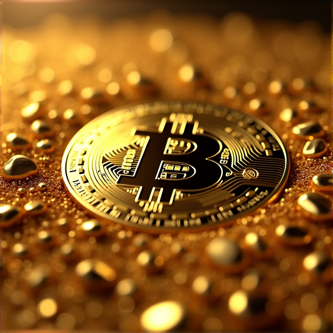 A close-up of a gleaming Bitcoin coin surrounded by shimmering golden textures and droplets, creating a luxurious and vibrant scene.