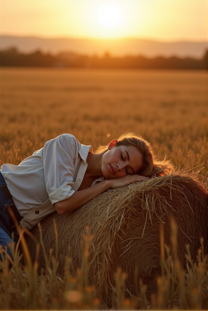 A person rests peacefully against a hay bale in a golden field during sunset.