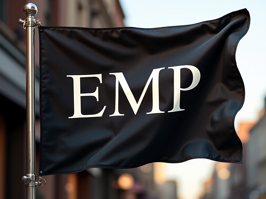 The image depicts a black flag with the letters 'EMP' in white, elegantly flying against a blurred urban background. The flag's motion and the soft focus on the surroundings give it an air of importance, suggesting a statement or movement. The polished metal pole adds a touch of formality and seriousness to the overall composition.