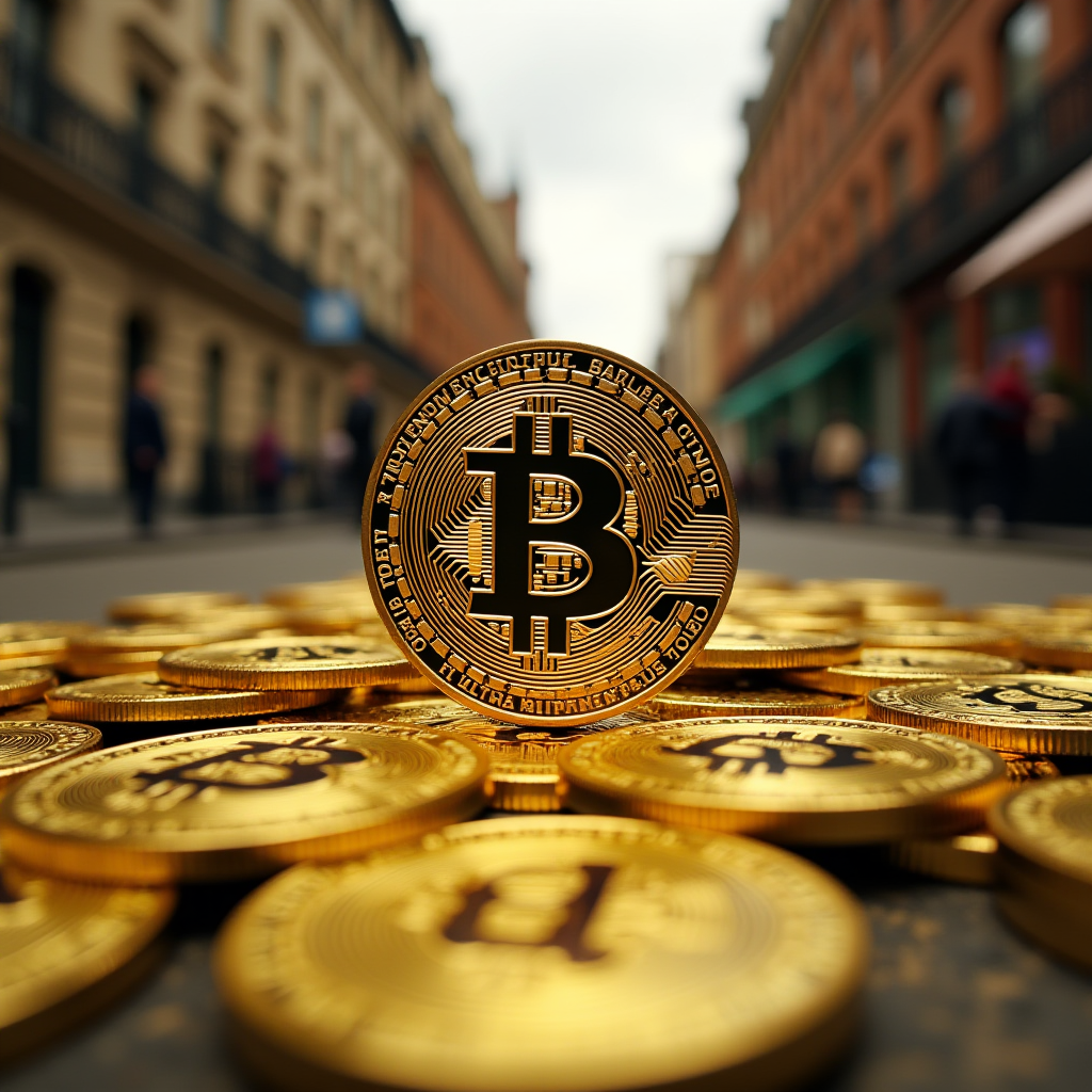 A Bitcoin stands upright among other gold coins in a city street setting.