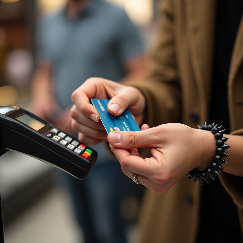 A person is engaged in a card payment transaction at a retail outlet. The individual holds a credit card and a payment terminal, showcasing the convenience of using credit cards in everyday shopping. Details on the card are partially hidden for privacy. The individual is wearing a black spiked bracelet, which contributes to a contemporary style. The environment reflects a casual retail setting, with soft bokeh in the background, highlighting the modern consumer experience.