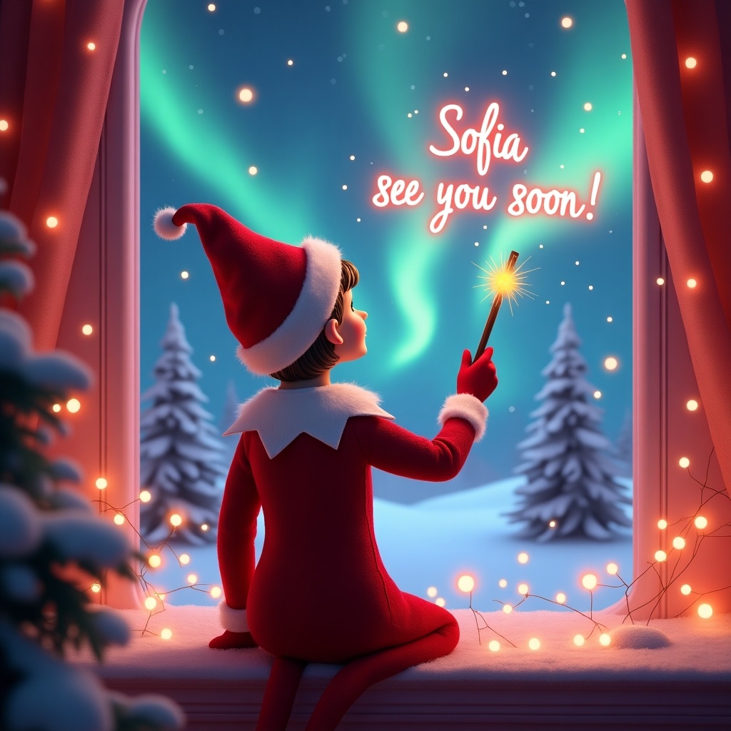 An enchanting festive scene featuring a female elf on the shelf dressed in red and white. The elf has her back to the viewer and wields a magic wand writing Sofia see you soon! The backdrop features vibrant northern lights and snow-covered trees, creating a magical holiday ambiance. The overall scene is pink and festive, evoking the spirit of Christmas with a sense of wonder.