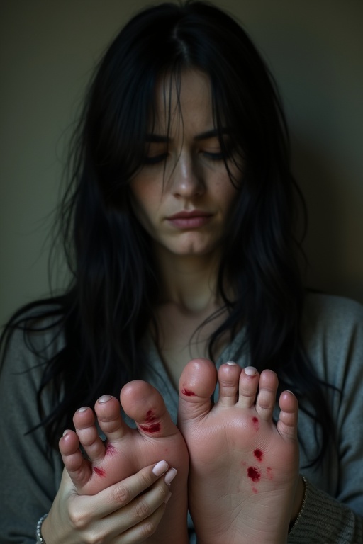 Mature goth woman has long black hair. She shows wounds on her bare feet. She appears worried and distressed. Focus on her feet with bloodstains clearly visible.