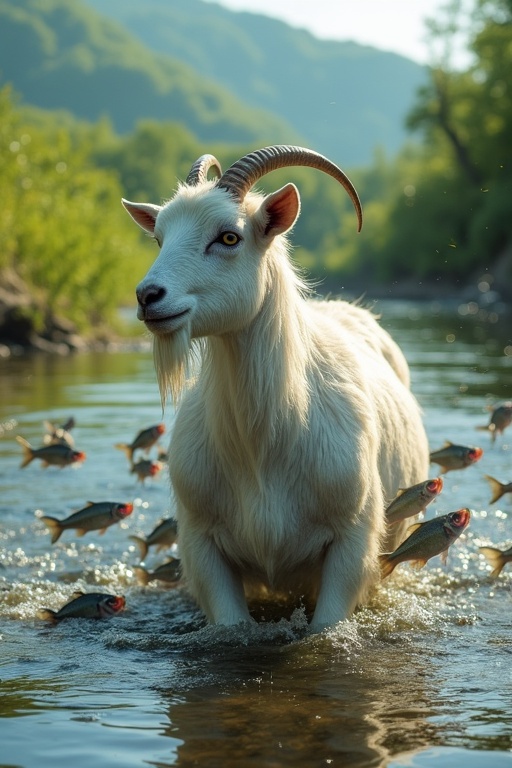 A white goat stands in a river partially submerged. The goat has wet, glistening fur. Sharp-toothed fish cling onto its body. The fish are struggling and aggressive. The goat appears distressed and has wide eyes. In the background, green hills extend into the horizon. The river surface ripples with fish jumping. The scene combines realism and fantasy with lifelike textures and unsettling visuals.