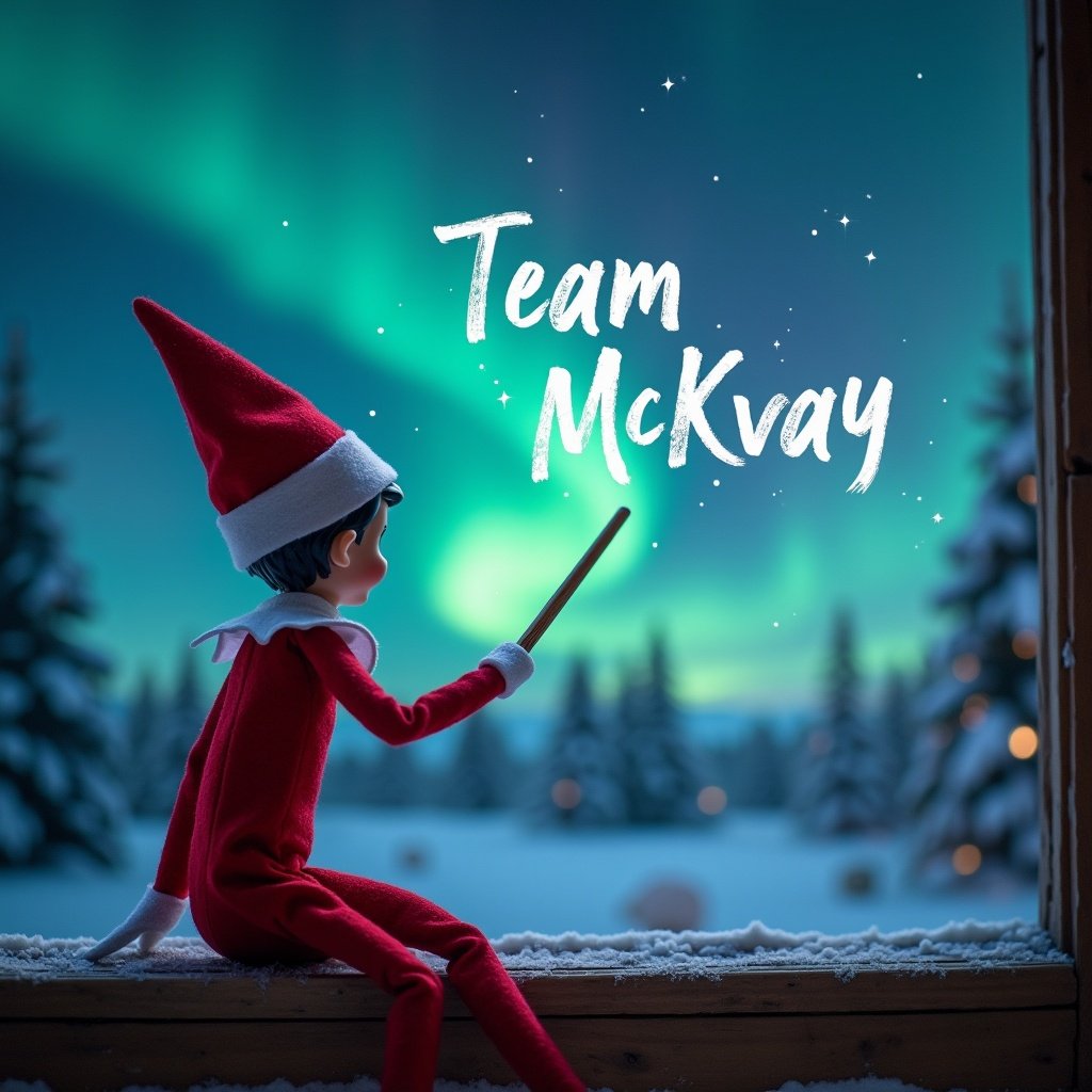 Elf on the shelf with back to the viewer writing Team McKvay in the sky with a wand. Background is a magical Christmas scene with northern lights and Santa.